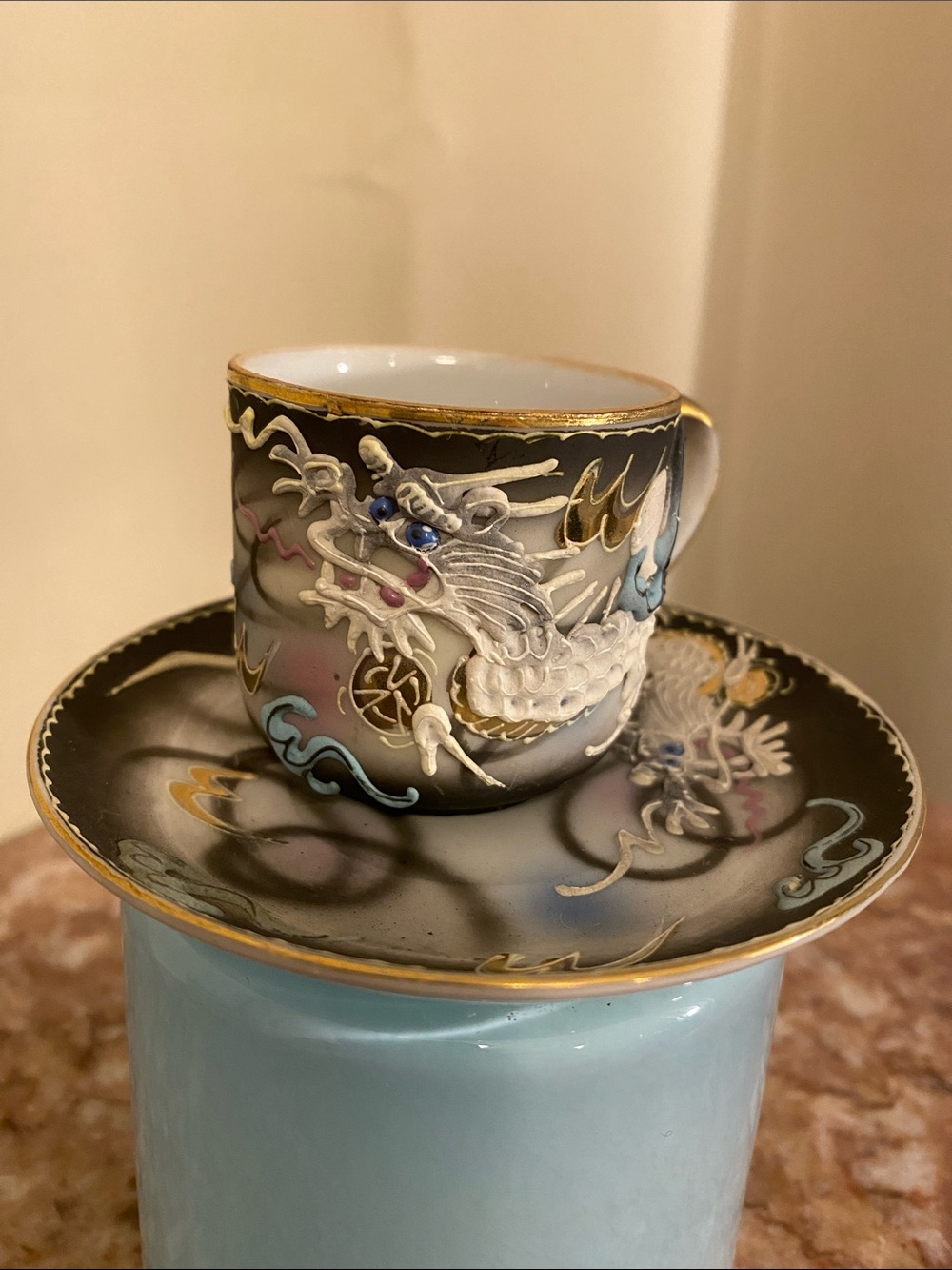 Vintage Pico China Hand Painted Moriage Dragon Demitasse Cup & Saucer Gold Trim